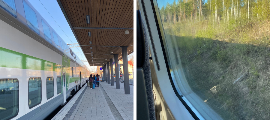 Joensuun asema ja kuva junan ikkunasta