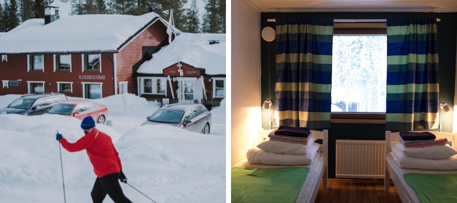 Hiihtäjä Kuerhostelin edessä ja hostellihuone