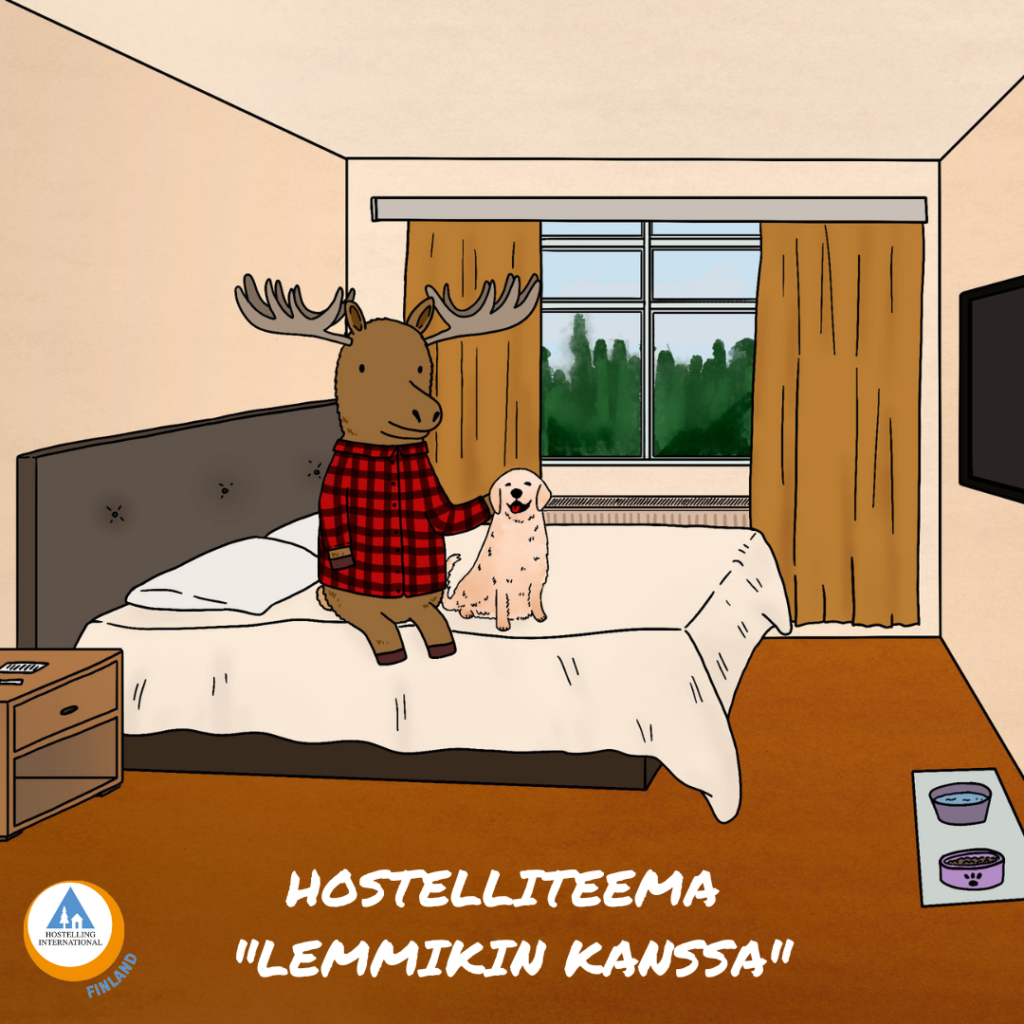 Hostellihirvi ja koira hostellihuoneessa
