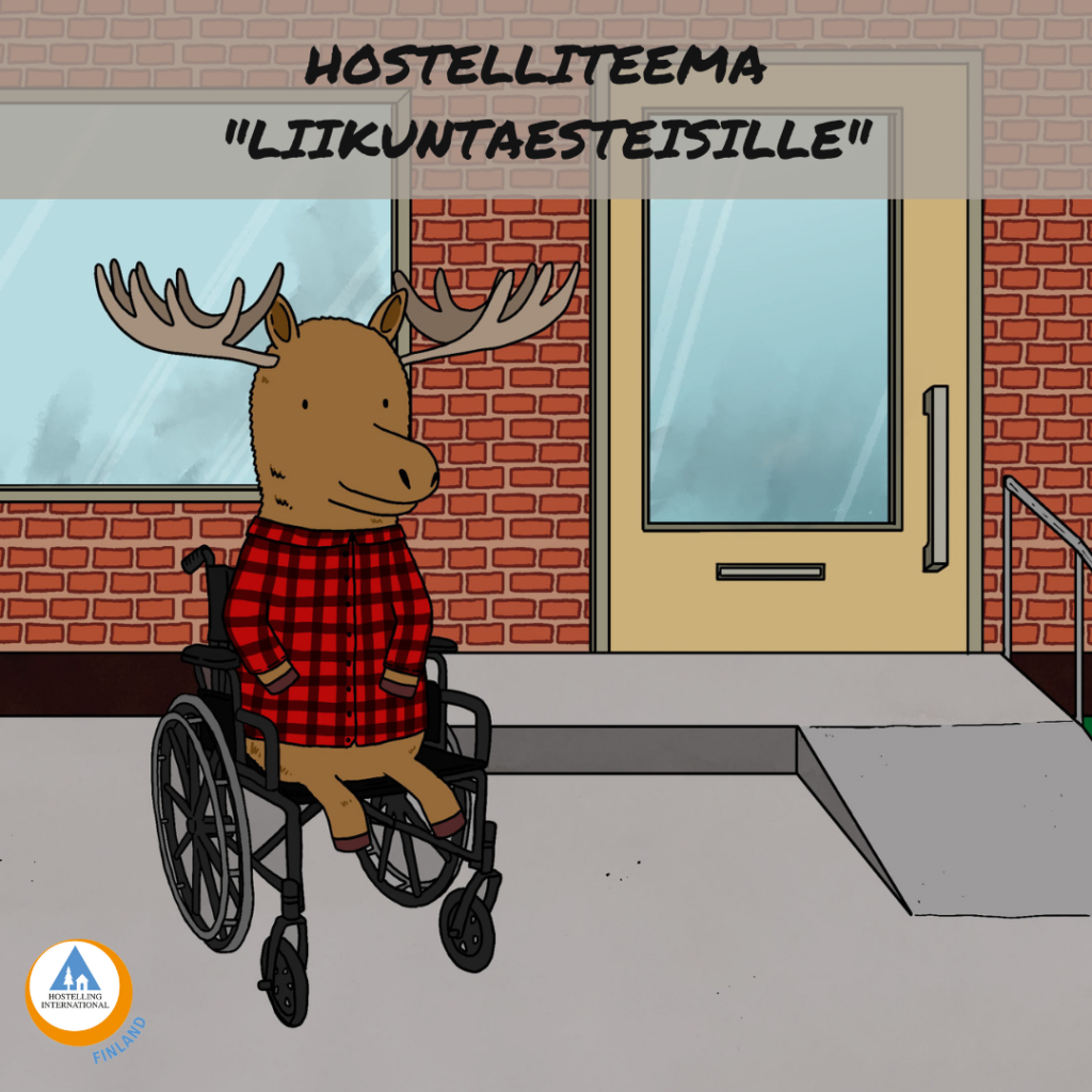 Hostellihirvi istuu pyörätuolissa talon edessä