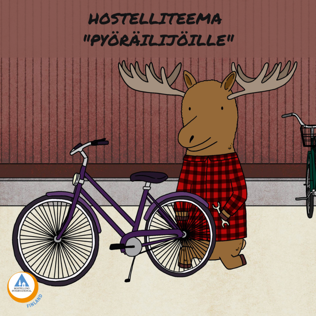 Hostellihirvi korjailee polkupyöräänsä