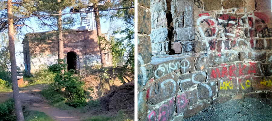 Vartiotorni, jonka alaosaan on tehty "taidetta".