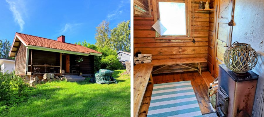 Puusauna ulkoa ja kuva pukuhuoneesta