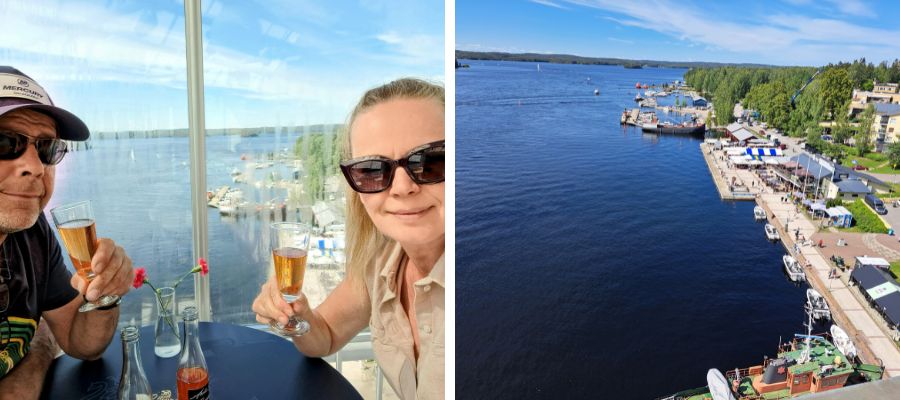 Reissaajan Puumalan sillan kuohuviinibaarissa. Toisessa kuvassa näkymää sillalta.