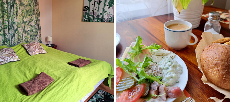 Hostellin huone ja kuva aamupalasta