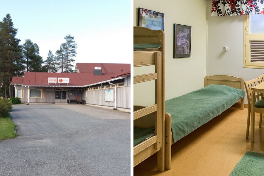 Oivangin päärakennus ja hostellirakennuksen huone