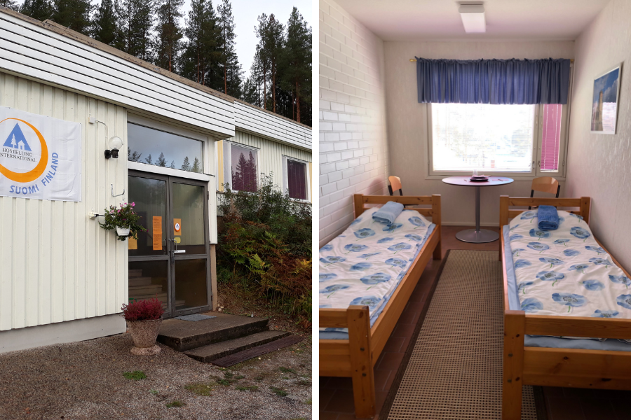 Hostelli Hirvaskangas ulkoa ja majoitushuone