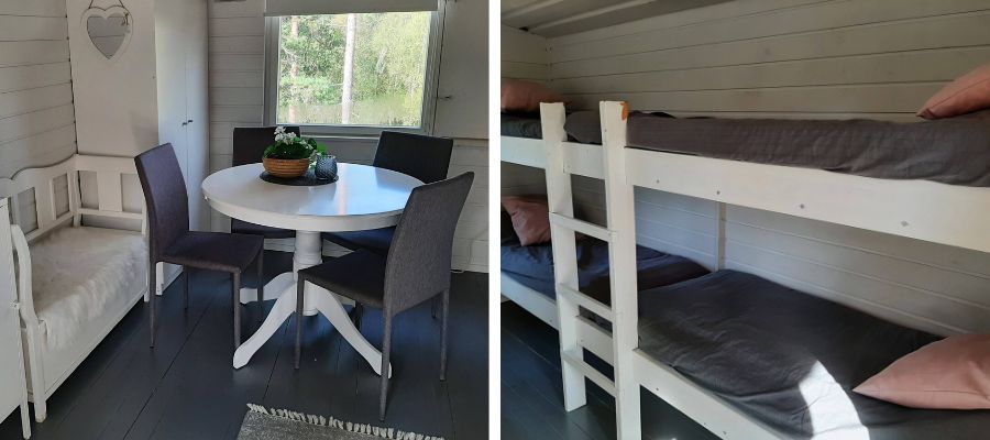 Kullanmurut mökki sisältäpäin.