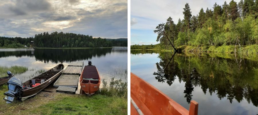 Jokiveneitä rannassa ja vene vesillä