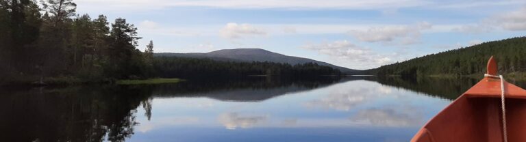 Lemmenjoki jokiveneen kyydistä katsottuna. Taustalla näkyy Joenkielinen