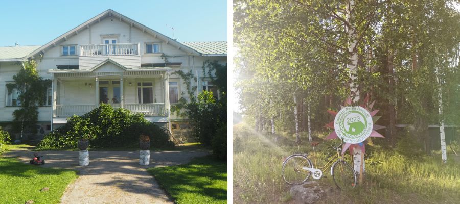 AnnaCatharinan sisäänkäynti ulkoa sekä Suomen Paras Hostelli 2023 - kyltti