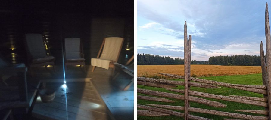Pihasauna sisältä ja näkymä saunan terassilta pellolle