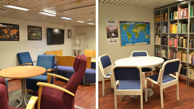 Oleskelutila "tax free" ja kirjastonurkkaus