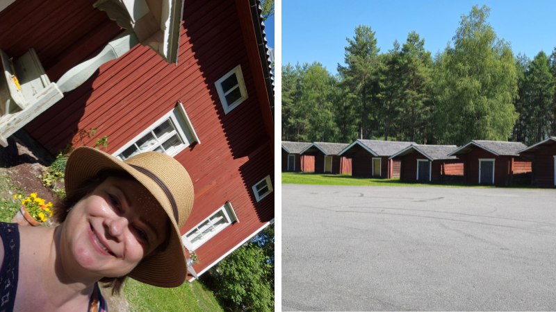 Hostellireissaaja Öjskogsparkenin ulkoilmamuseossa. Toisessa kuvassa Närpiön kirkkotallit.