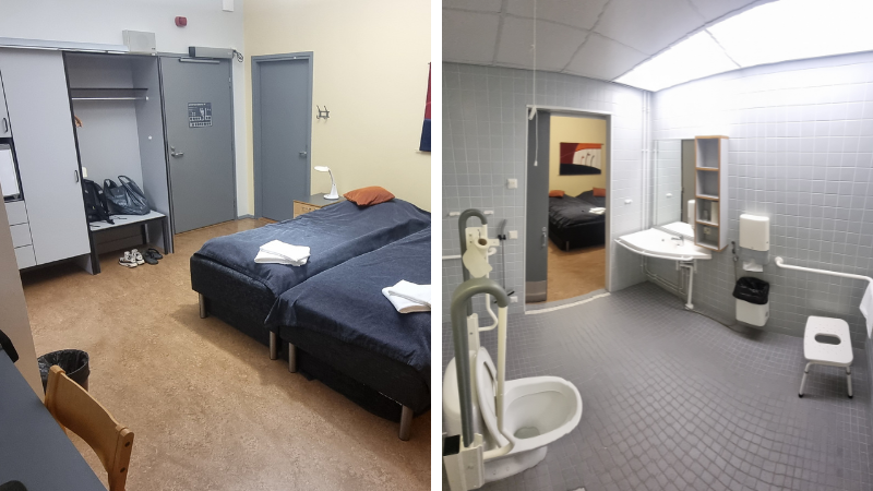 Huone toisesta suunnasta kuvattuna sekä huoneessa oleva tilava wc/kylpyhuone.