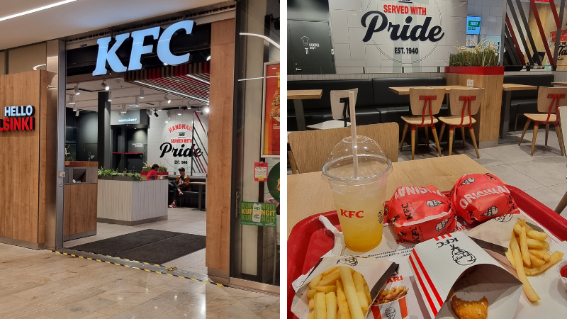 KFC-ravintolan sisäänkäynti ja reissaajien hampurilaisateriat.