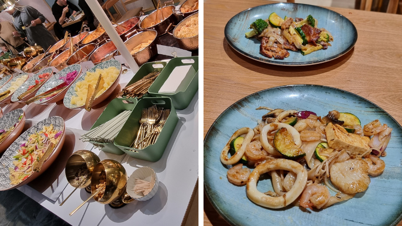 Teppanayki-pöytä ja ruoka-annos lautasella