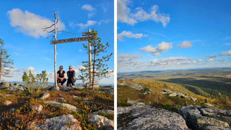 Reissaaja tunturin huipulla ja tunturimaisemaa