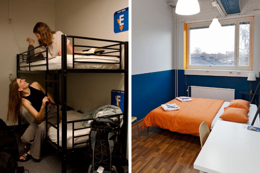 Huone, jossa on kerrossänkyjä sekä kahden hengen huone.