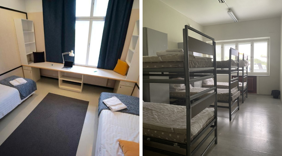 Lentohotellin yksityishuone ja komppanian yhteismajoitushuone