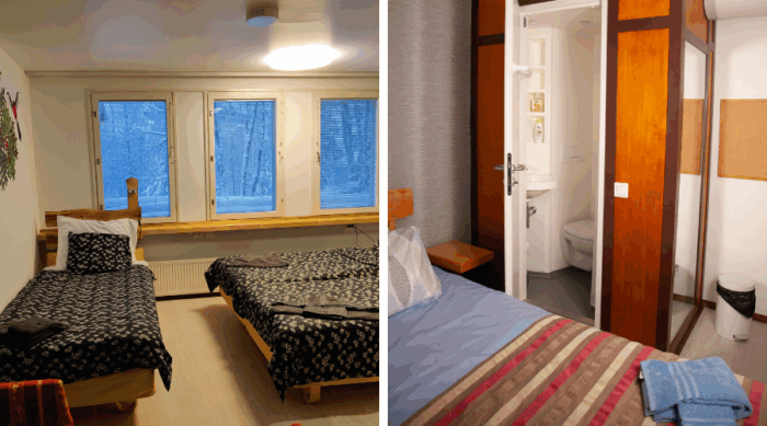 Eri kokoisia huoneita. Toisessa on oma kylpyhuone.