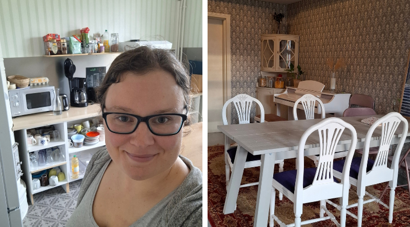 Hostellireissaaja asiakaskeittiössä ja ruokailutila