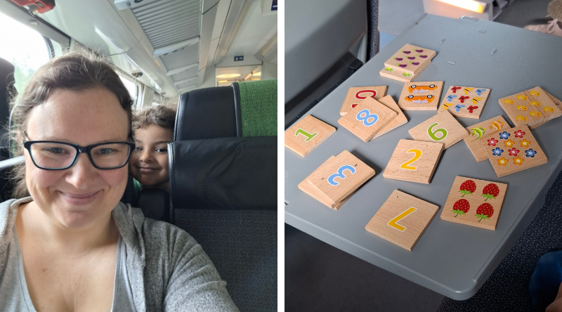 Hostellireissaaja junassa. Muistipelin pelaaminen.