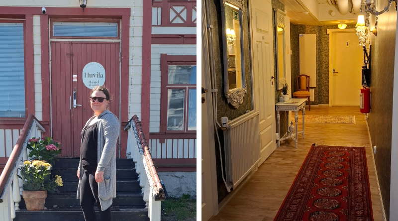 Hostellireissaaja ulko-ovella ja hostellin käytävää.