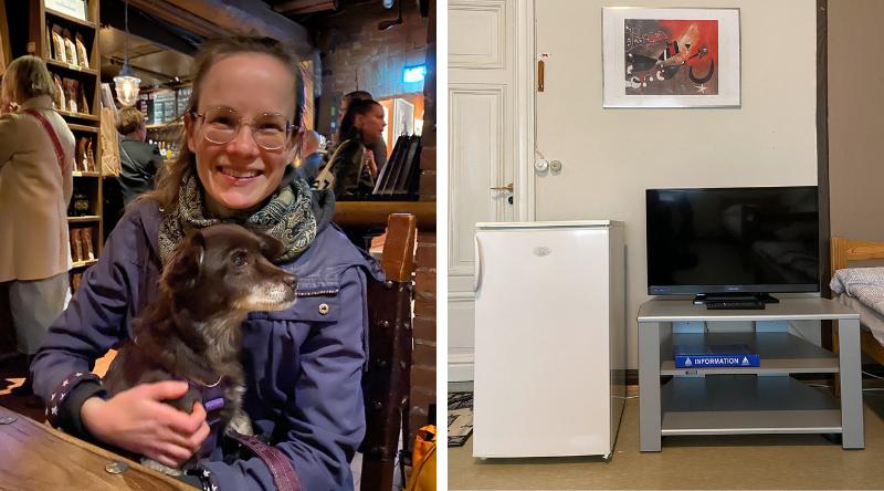 Hostellireissaaja ja Pepita Porvoon Paahtimossa. Hostellihuoneen jääkaappi ja tv.