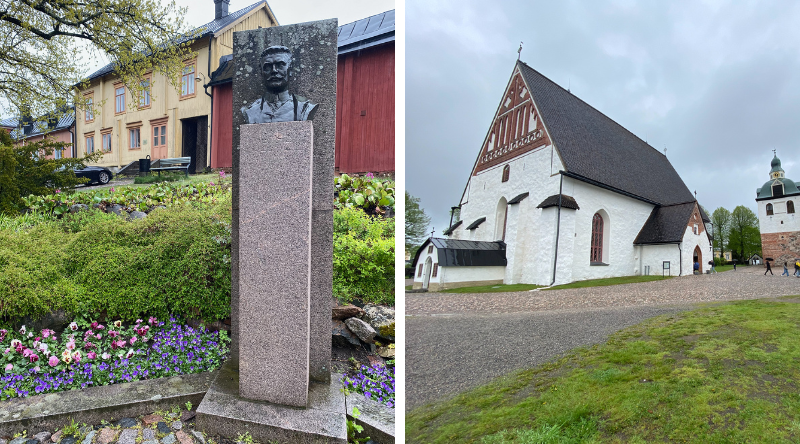Alber Edelfeltin patsas ja Porvoon tuomiokirkko.