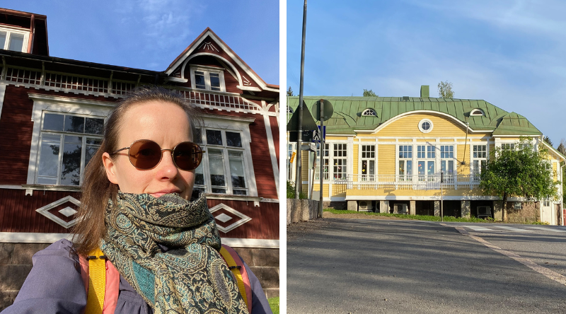 Hostellireissaaja hostellin edessä. Vastapäätä oleva entinen Alva Forsiuksen äiti-lapsikoti.