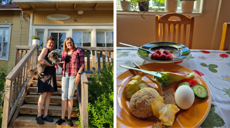 Majatalon emäntä ja reissaaja majatalon portailla. Aamiainen.