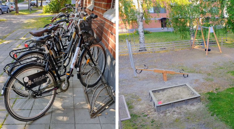 Hostellin lainapyöriä ja leikkipaikka