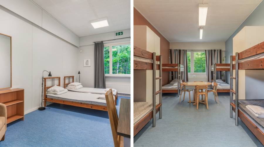 Kahden hengen huone ja yhteismajoitushuone.