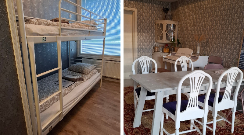 Hostellihuone ja asiakaskeittiö