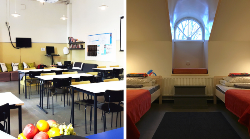 Hostel Suomenlinnan yhteinen tila ja majoitushuone
