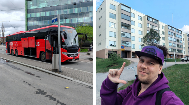 Onnibus. Reissaaja kodin edessä.