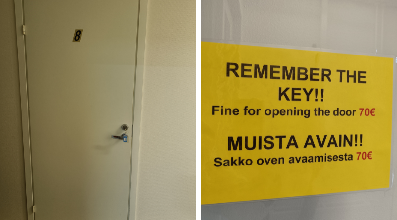 Huoneen ovi ja kyltti "Älä unohda avaintasi!"