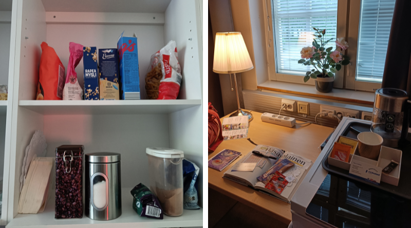 Keittiön kuiva-ainehylly ja huoneen vedenkeitin