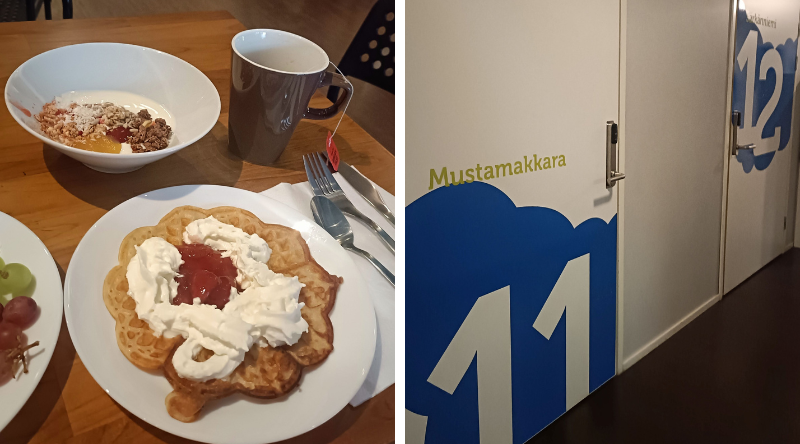 Vohveli kermavaahdolla. Huoneiden ovia ja nimiä.